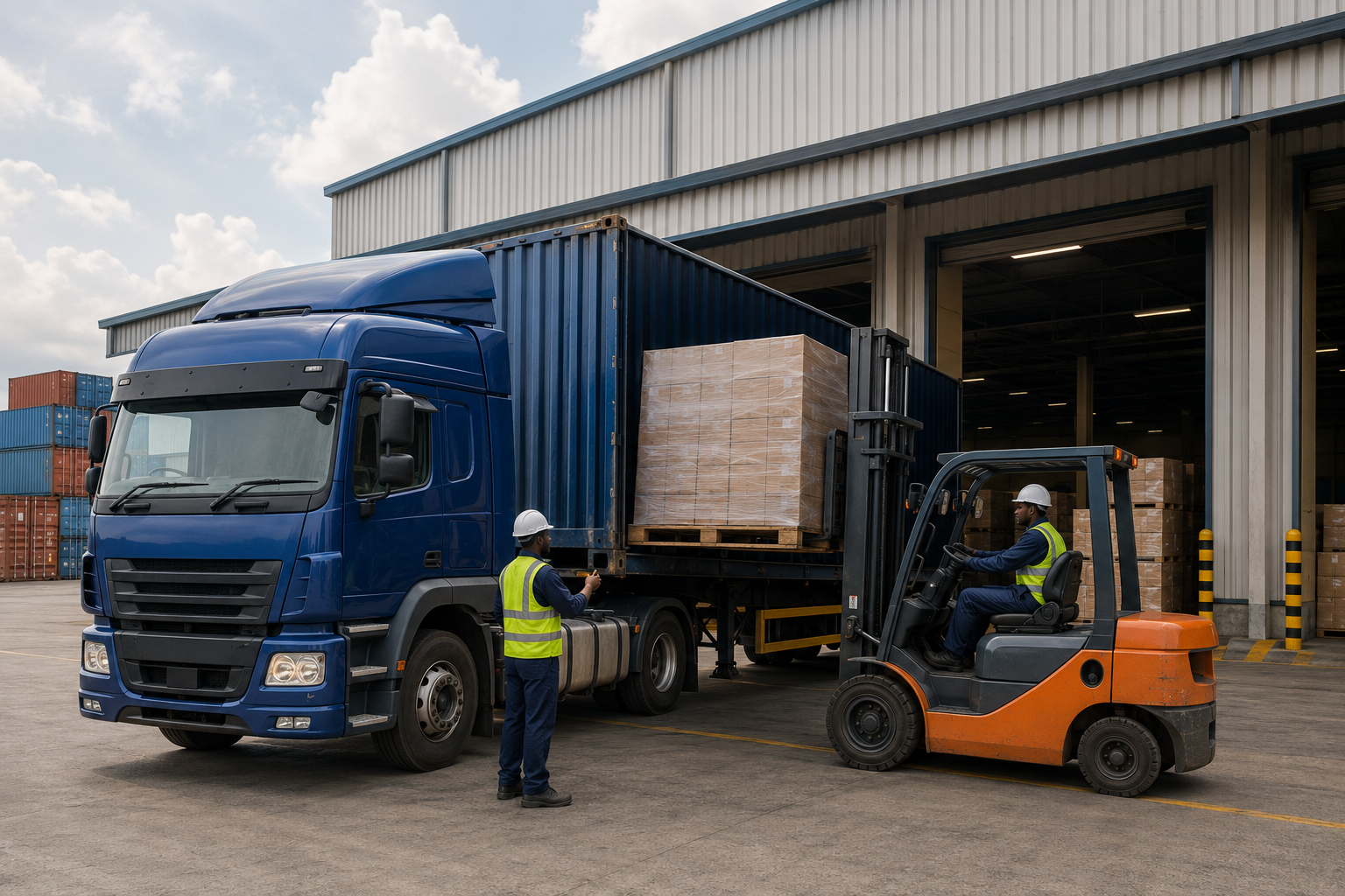 Sky Swift logistics team coordinating warehouse cargo and road freight